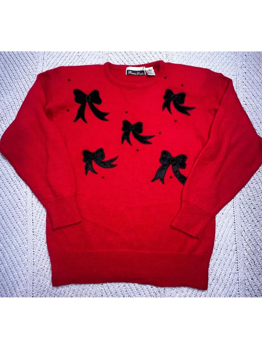 VTG Dana Scott Red Sweater with Velvet Bows Beaded Women’s Size Small